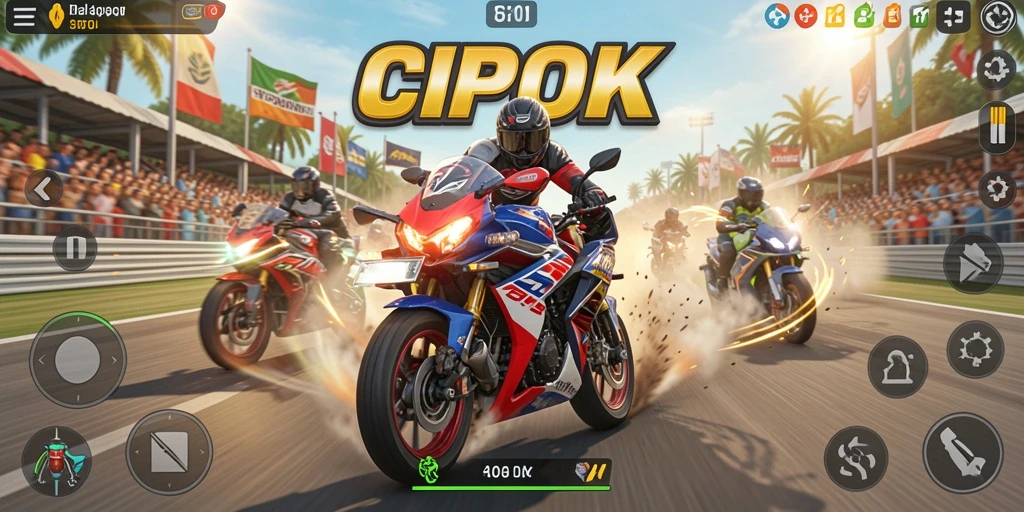 Screenshot utama CIPOK menunjukkan aksi balapan motor yang mendebarkan.