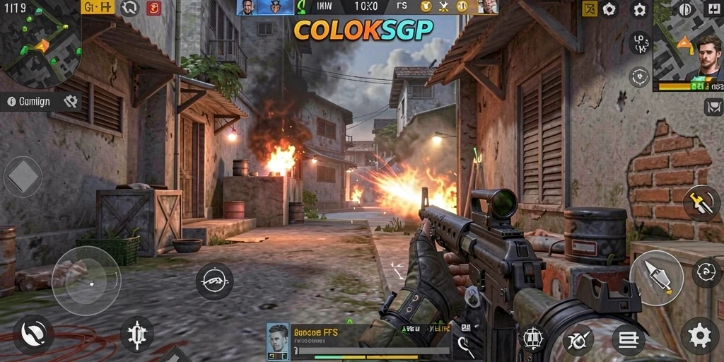 Screenshot utama COLOKSGP menampilkan aksi intens dalam pertempuran FPS.
