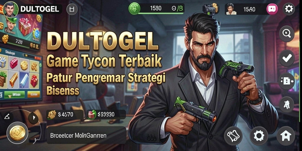 Tampilan gameplay DULTOGEL dengan berbagai aspek manajemen bisnis.