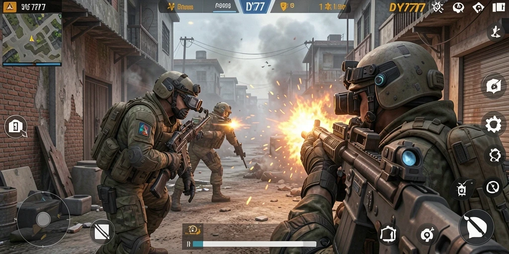 Screenshot menunjukkan aksi menegangkan di game FPS DY777.
