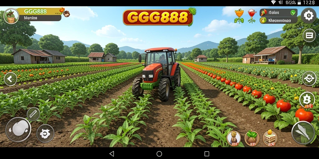 Screenshot gameplay GGG888 menampilkan kebun dengan tanaman berwarna-warni.