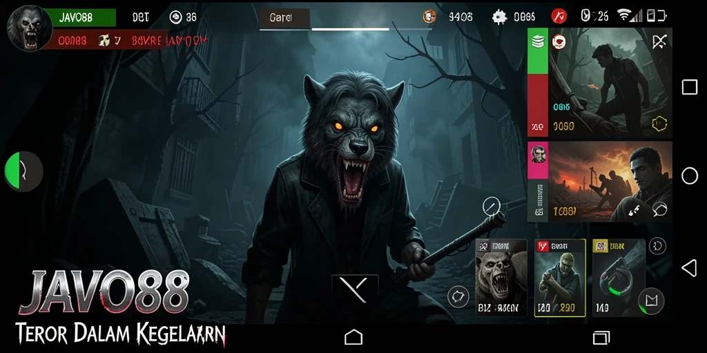 Screenshot utama JAVO88 menunjukkan suasana gameplay penuh ketegangan dan kegelapan.