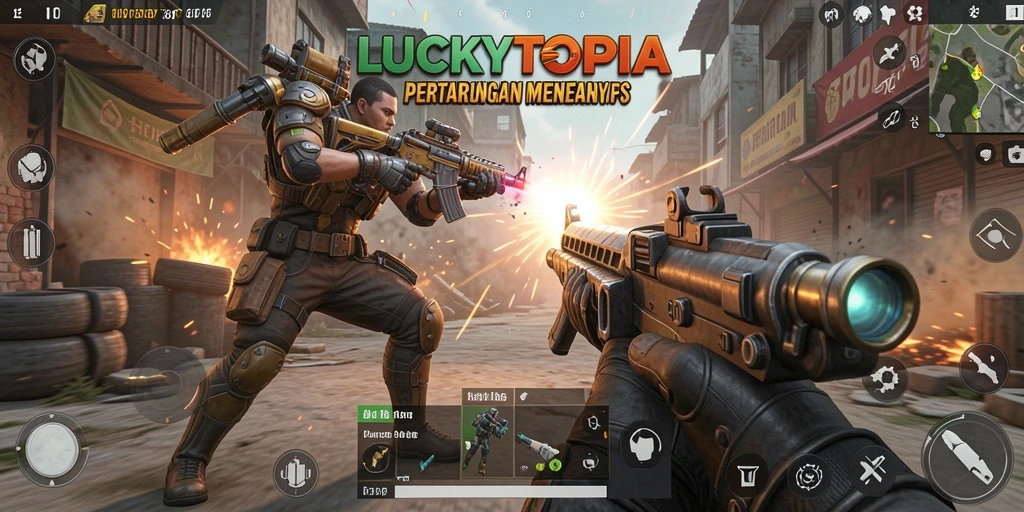 Tangkapan layar menunjukkan pertandingan intens dalam <strong>LUCKYTOPIA</strong> dengan grafis berkualitas tinggi.