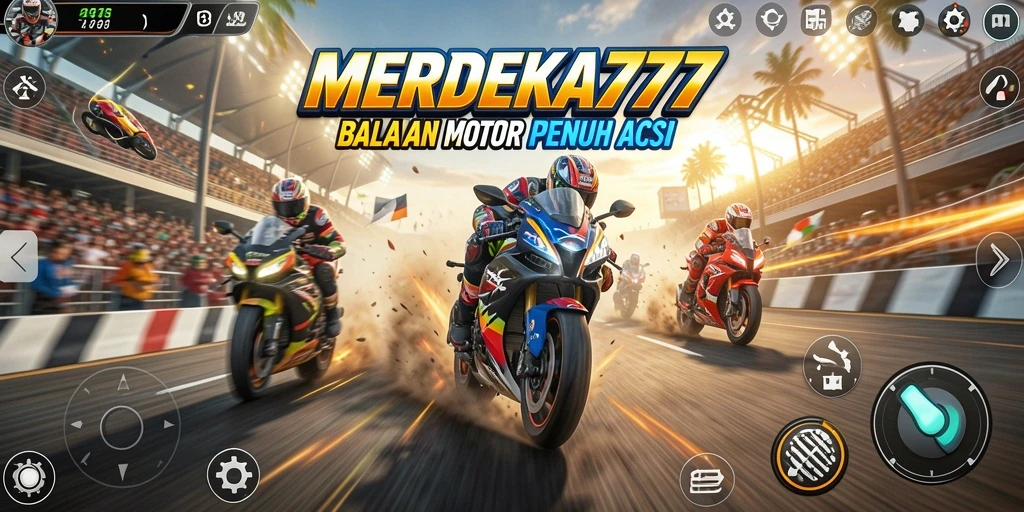 Screenshot gameplay MERDEKA777 yang menampilkan balapan motor yang penuh aksi.