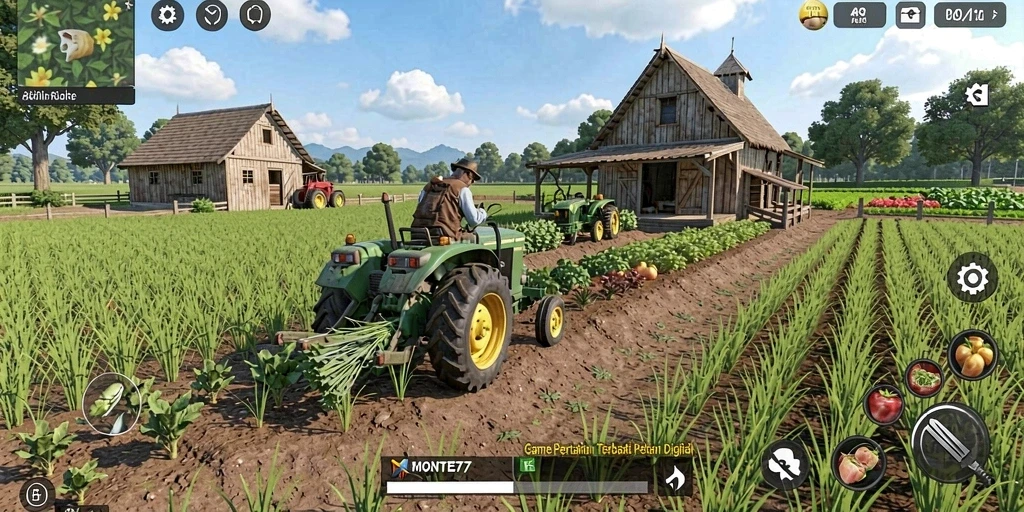 Tampilan gameplay MONTE77 yang menakjubkan dengan aktivitas bertani.