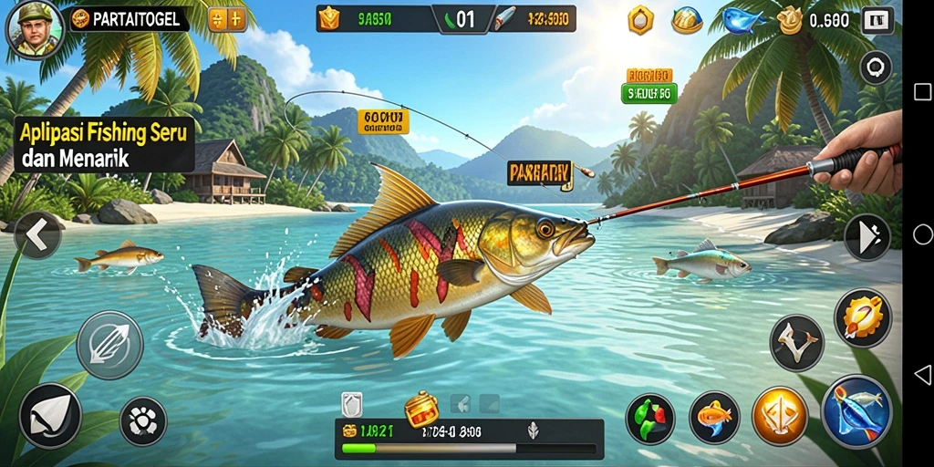 Screenshot gameplay PARTAITOGEL dengan aksi memancing yang mendebarkan.