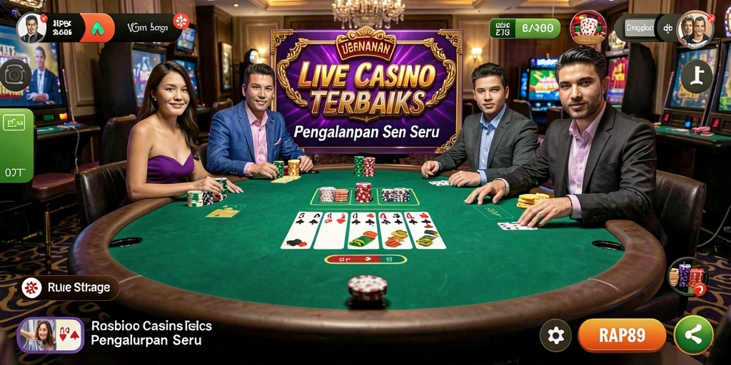 Screenshot menunjukkan dealer live dalam aksi, menciptakan suasana kasino yang mendebarkan.