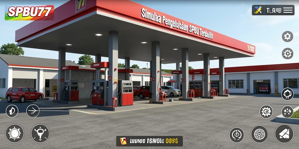 Screenshot utama SPBU77 menampilkan gameplay realistis di stasiun pengisian bahan bakar.