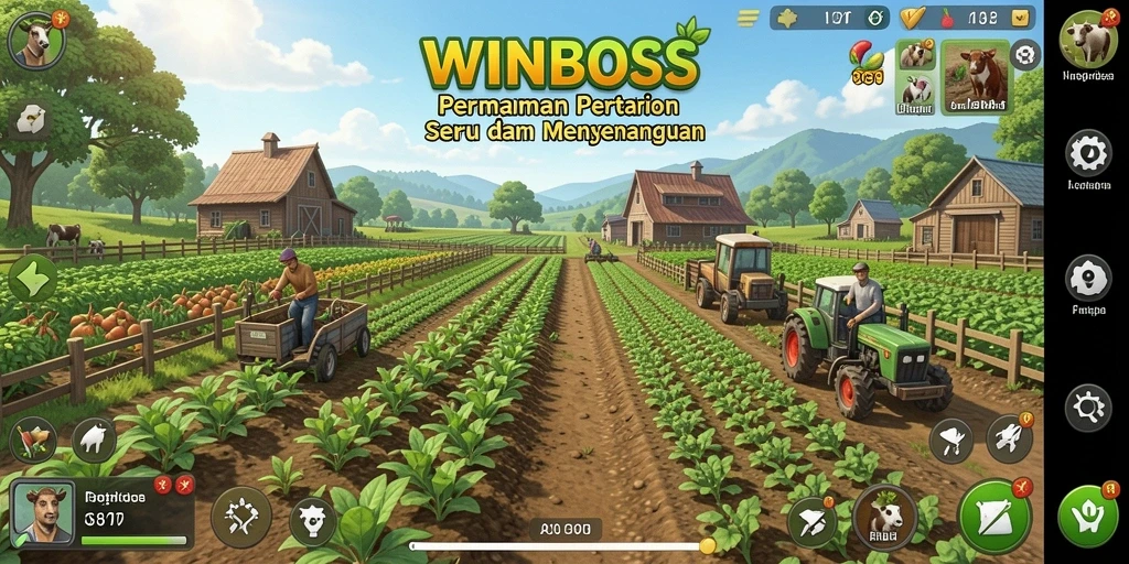 Tangkapan layar permainan WINBOSS menampilkan aktivitas bertani yang seru dan interaktif.